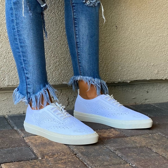 White Lace Up Brogue Fabric Knit Oxford Sneakers - Picture 4 of 16